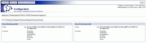 Profildokument Konfiguration in der Adressdatenbank, Reiter Adresslabel