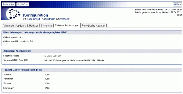Konfigurationsdokument der Admindatenbank - Reiter externe Anbindungen