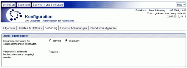 Konfigurationsdokument der Admindatenbank - Reiter Sicherung