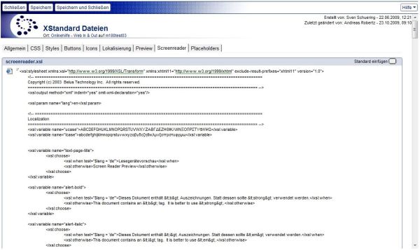 Konfigurationsdokument Xstandard-Dokumente - Reiter Screenreader
