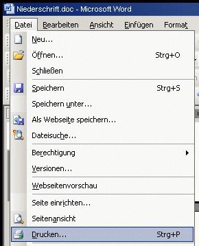 Aktion Datei - Drucken in Microsoft Office Word 2003